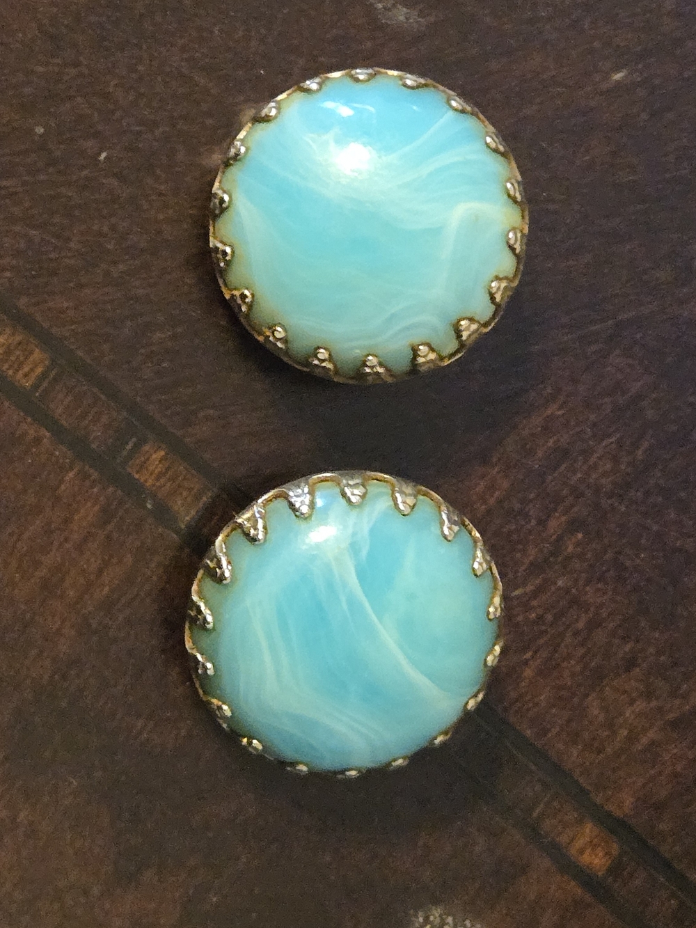 Gold-Trim Turquoise Blue Round Earrings - Women Jewelry